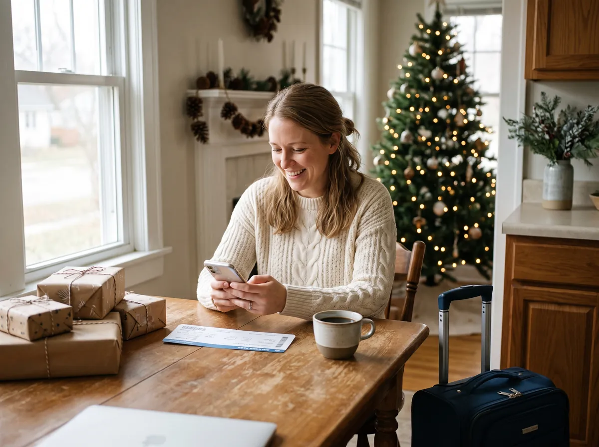 A woman at her kitchen table smiling at her phone, with wrapped gifts, a boarding pass and a packed suitcase nearby